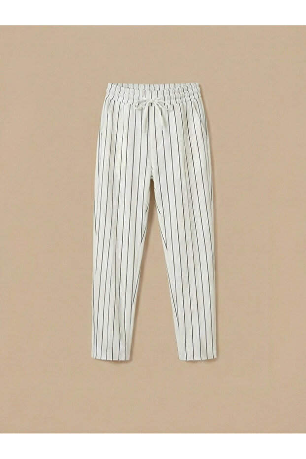 Old Money Stripe Patterned Lace-Up Elastic Waist Crepe Trousers