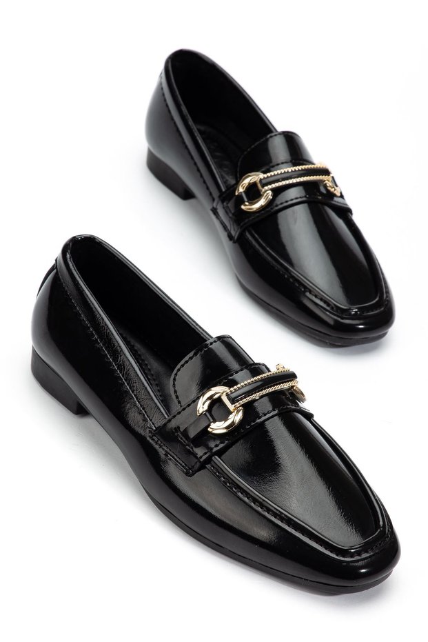 Women's Black Shiny Leather Buckle Detailed Lightweight Orthopedic Ballerinas