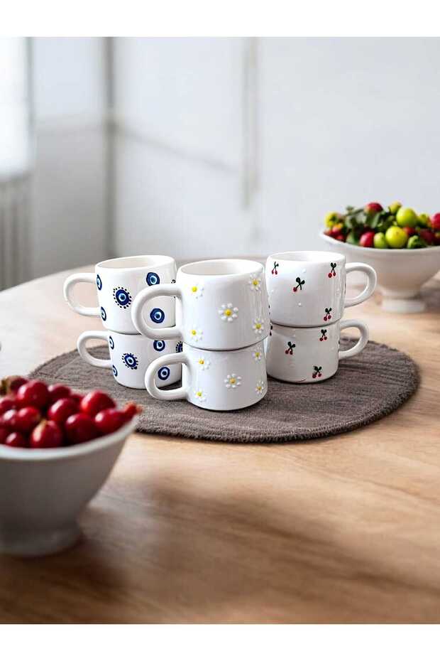 Nazar Boncuğu Daisy Cherry Set of 6 Ceramic Mug Cups