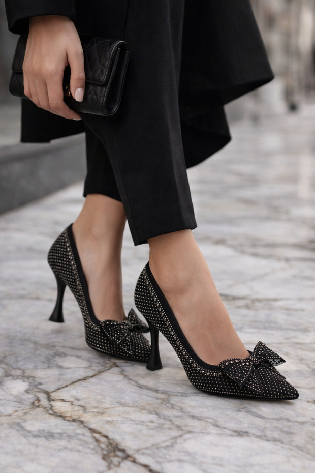 ✨ Stone Detailed Bowknot Women's Heeled Shoes (Silver & Black) – Elegant Design