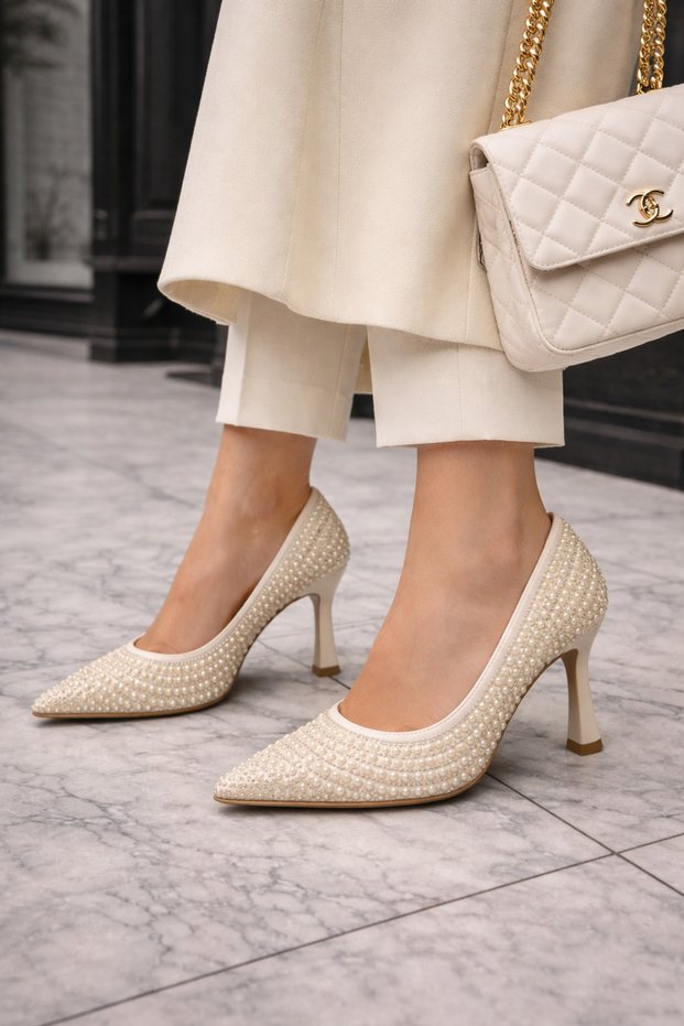 ✨ Pearl Detailed Women's Heeled Shoes Cream Pointed Toe Evening Dress Shoes Elegant and Stylish Design