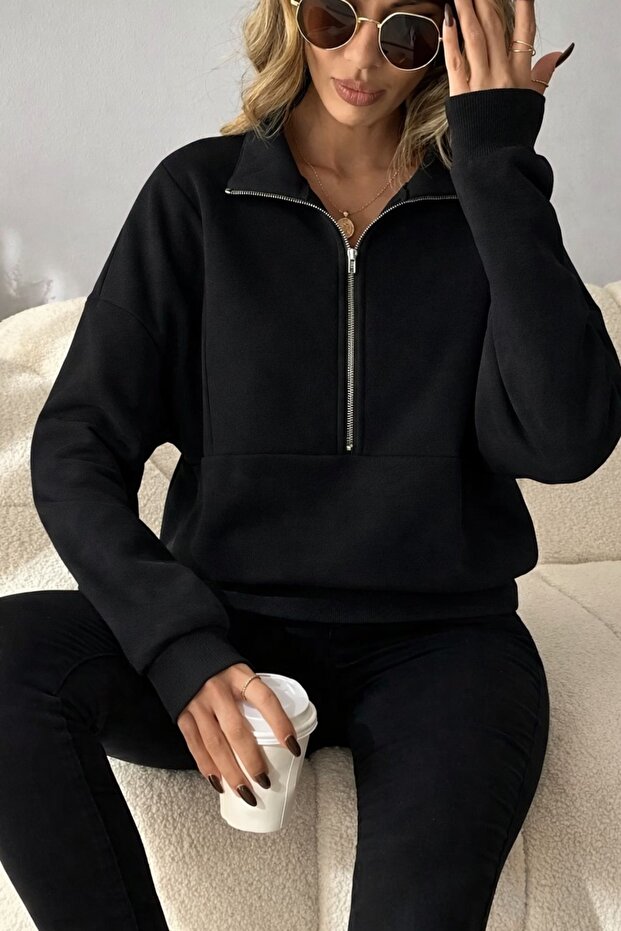 Women's Half-Zip Mock Neck Special Design Fleece-Lined Black Sweatshirt