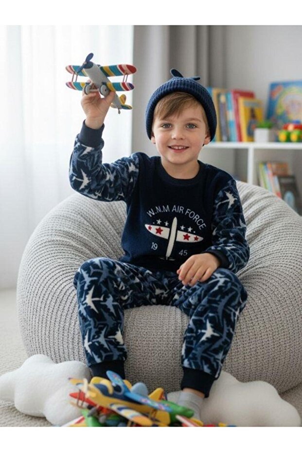 Boy's Airplane Fleece Patterned Pajama Set