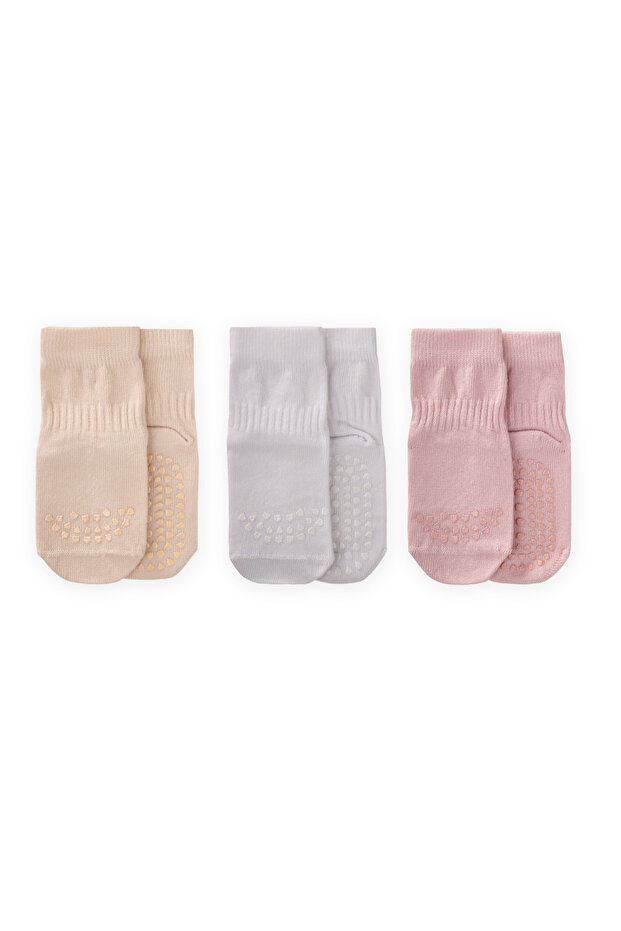 Triple Crawling and Anti-Slip Socks for 1-4 Years Old, Powder, Sand, White