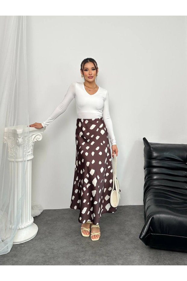 Women's Brown Polka Dot Flowy Long Satin Skirt