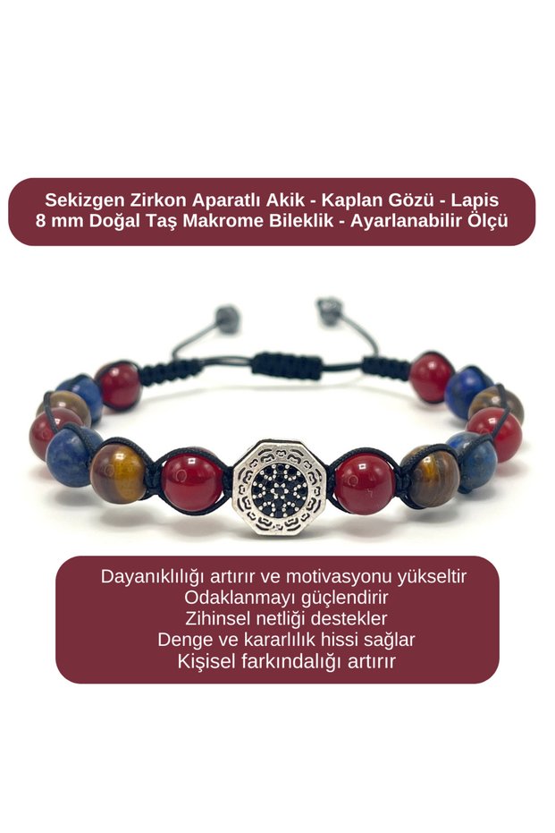 Certified Zircon Stone Bracelet with Agate - Tiger's Eye - Lapis - 8mm Natural Stone Bracelet Adjustable Size