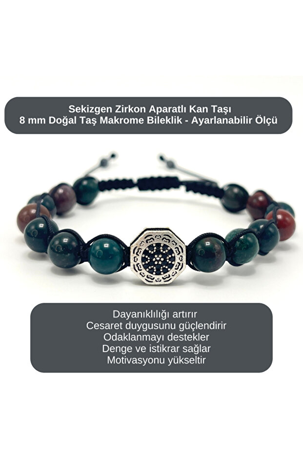 Certified Bloodstone with Zircon Apparatus - 8mm Natural Stone Bracelet Macrame Adjustable Size