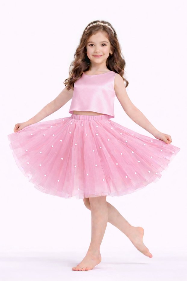 Girl's Pearl Detailed Candy Pink Tutu Skirt Birthday Graduation Party Skirt