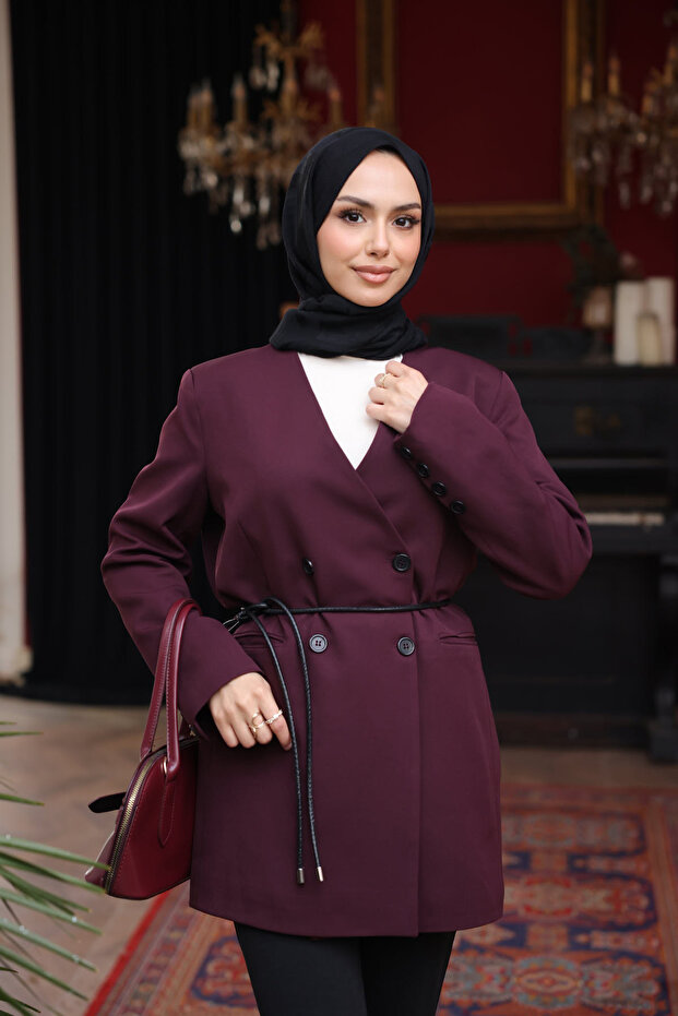 Plum Waist Tie Buttoned Jacket