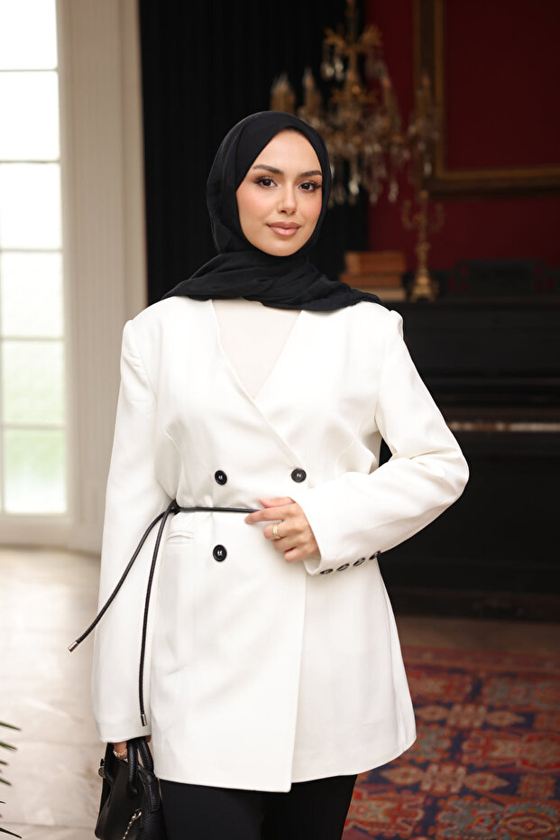 Ecru Buttoned Jacket with Waist Tie