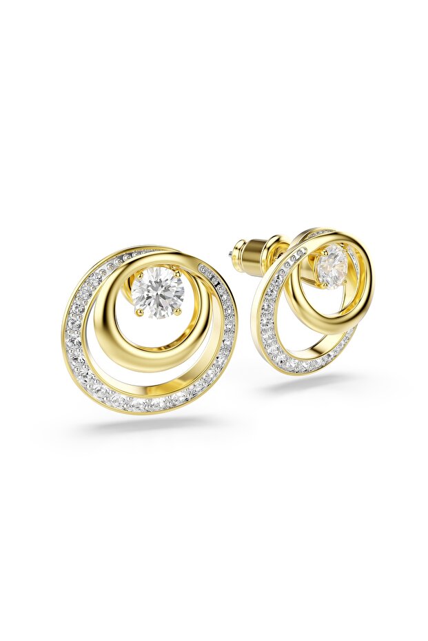 Hyperbola Button Earrings, Round Cut, White, Gold Plated - 3