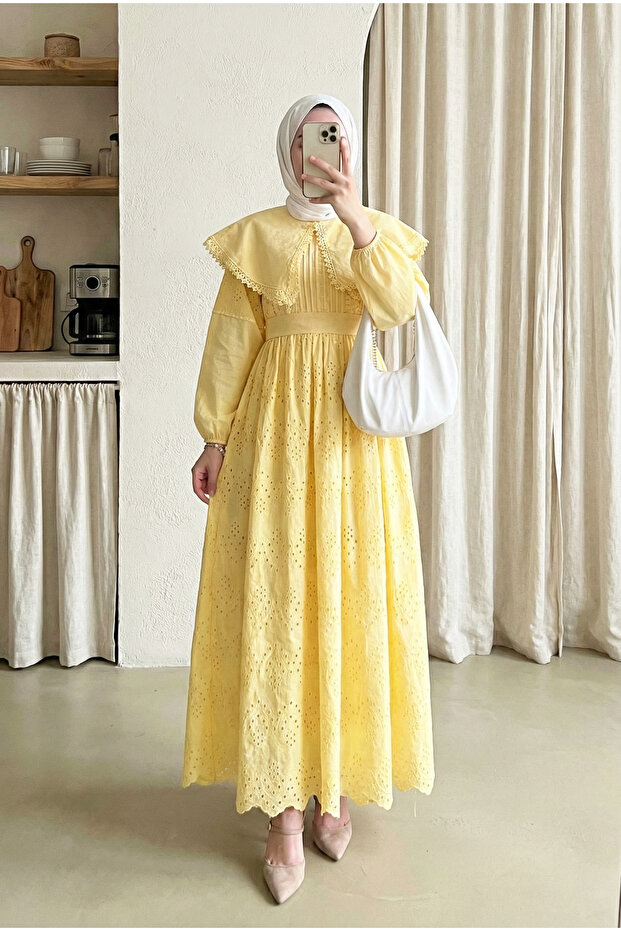 Cape Collar Eyelet Embroidery Long Dress - Yellow