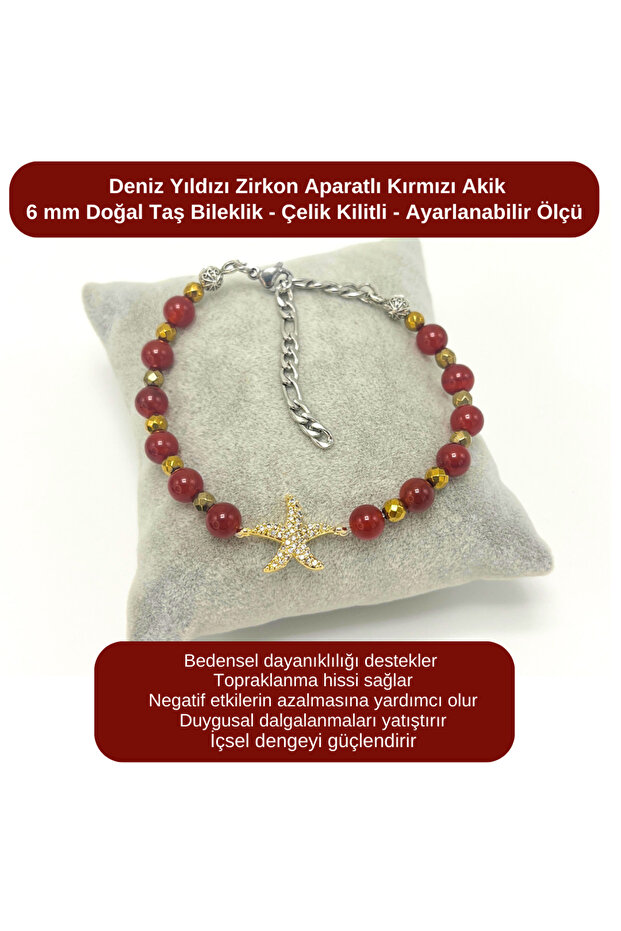 Certified Red Agate with Starfish Zircon Apparatus - 6mm Natural Gemstone Bracelet - Adjustable Size