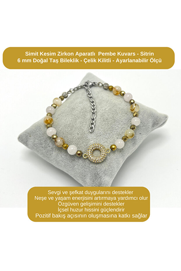 Certified Simit Cut Zircon - Pink Quartz - Citrine - 6mm Natural Gemstone Bracelet - Adjustable Size