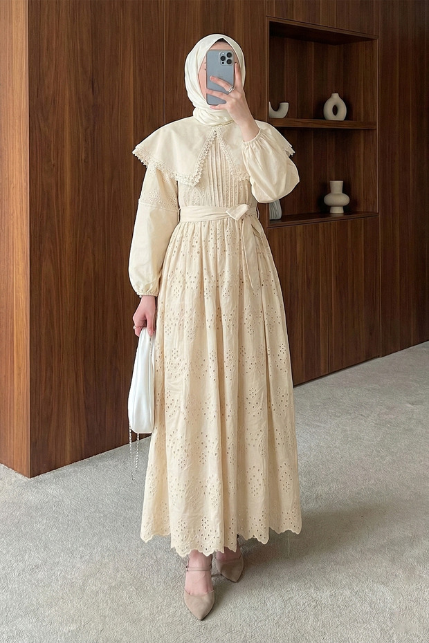 Cape Collar Scallop Long Dress - Beige