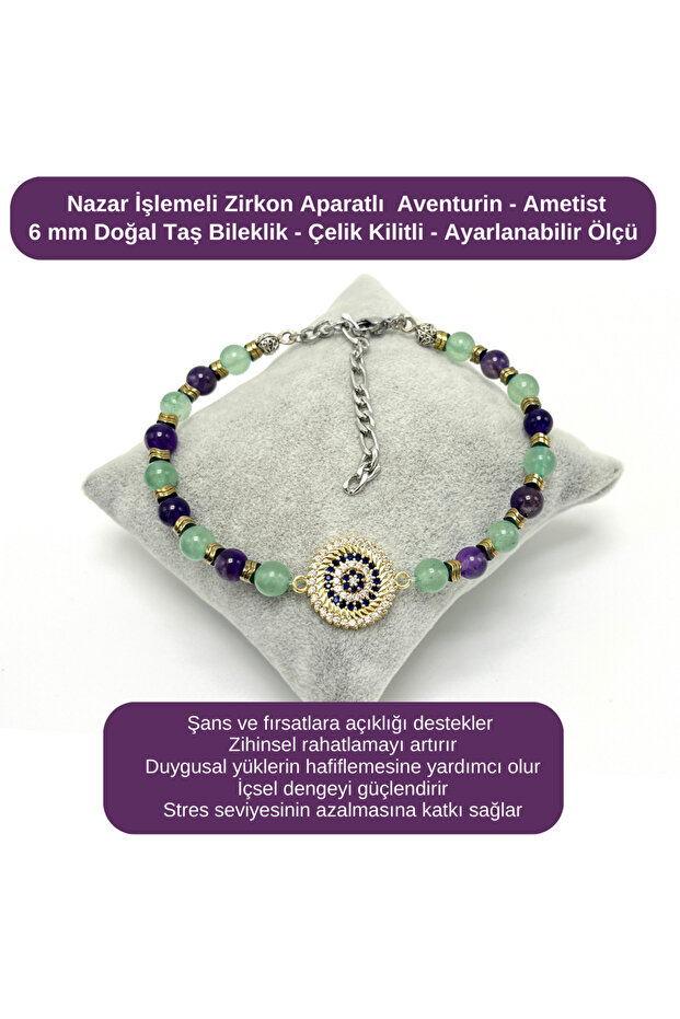 Certified Evil Eye Engraved Zircon - Aventurine - Amethyst 6mm Natural Stone Bracelet - Adjustable Size