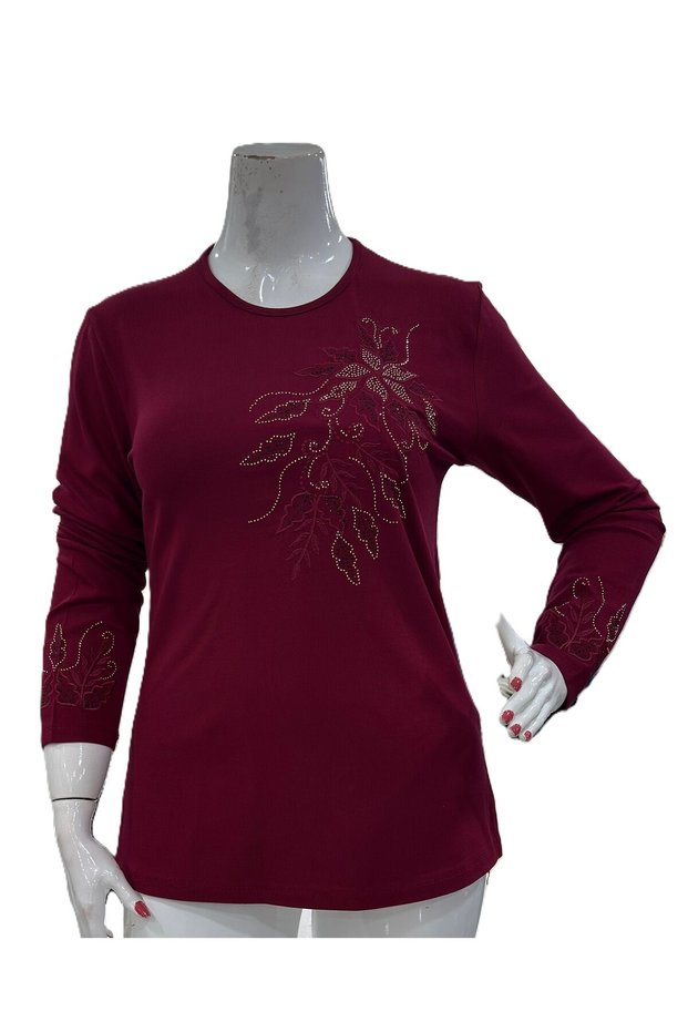 Stone Embellished Long Sleeve Luxury Clover Knitwear Mother Blouse
