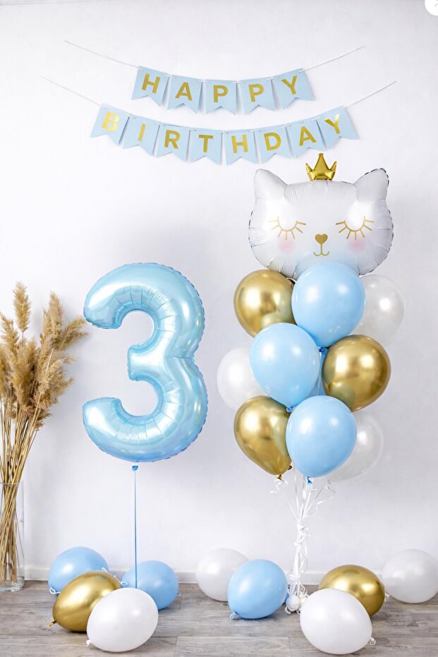 3 Year Old Cat Themed Birthday Balloon Set – Blue Gold Concept