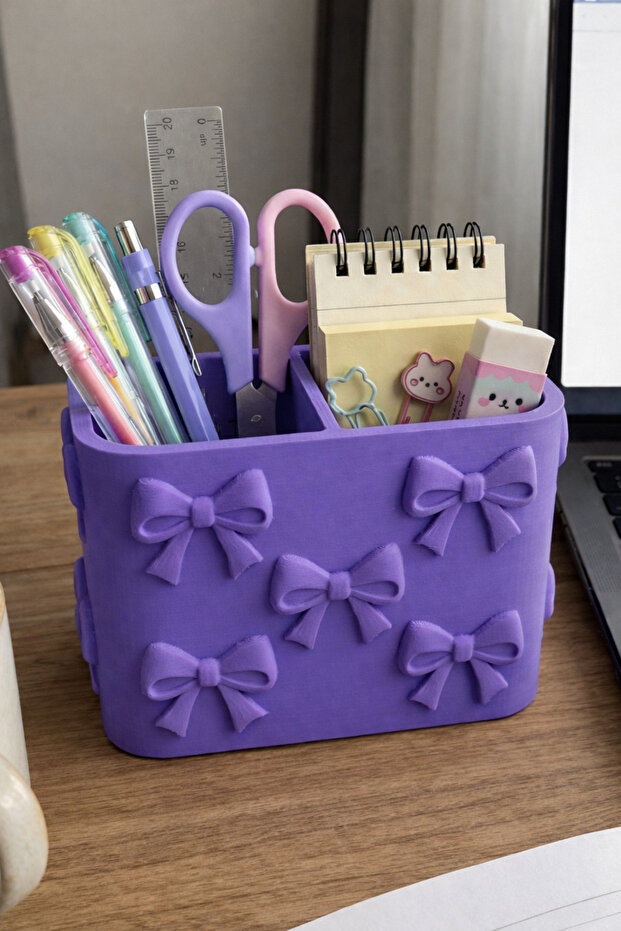 Bow-Detailed Desk Organizer – 7 cm Aesthetic Pen Holder & Office Organizer