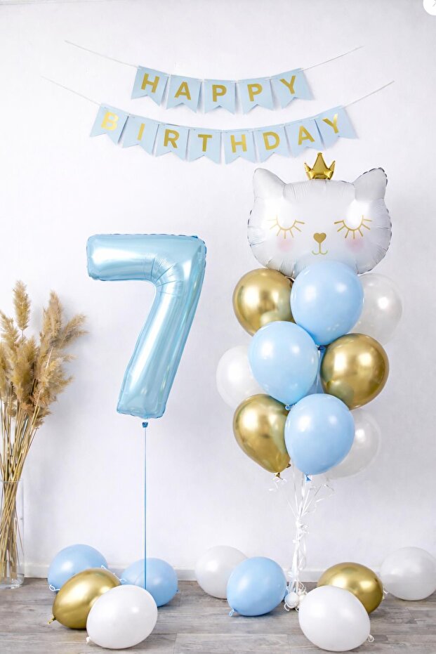 7 Year Old Cat Themed Birthday Balloon Set – Blue Gold Concept