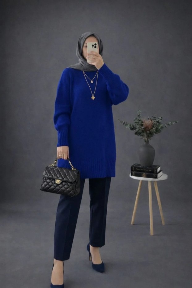 Women's Blue Crew Neck Long Balloon Sleeve Oversize Soft Knitwear Tunic Sweater