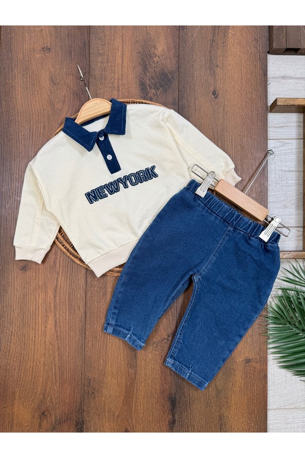 New York Embroidered Polo Collar Lycra Jeans Seasonal Oversize Baby Boy Suit