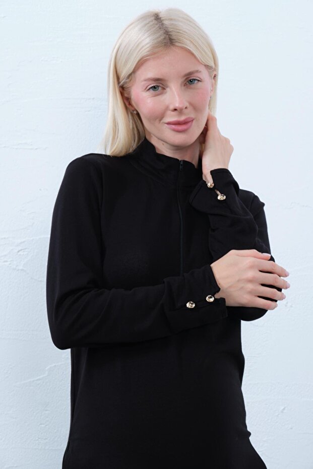 Maternity Long Sleeve Zippered Collar Knitwear Blouse Black