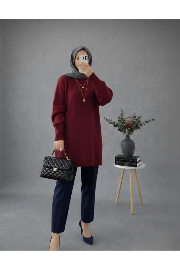 Women's Burgundy Crew Neck Long Balloon Sleeve Oversize Soft Knitwear Tunic Sweater