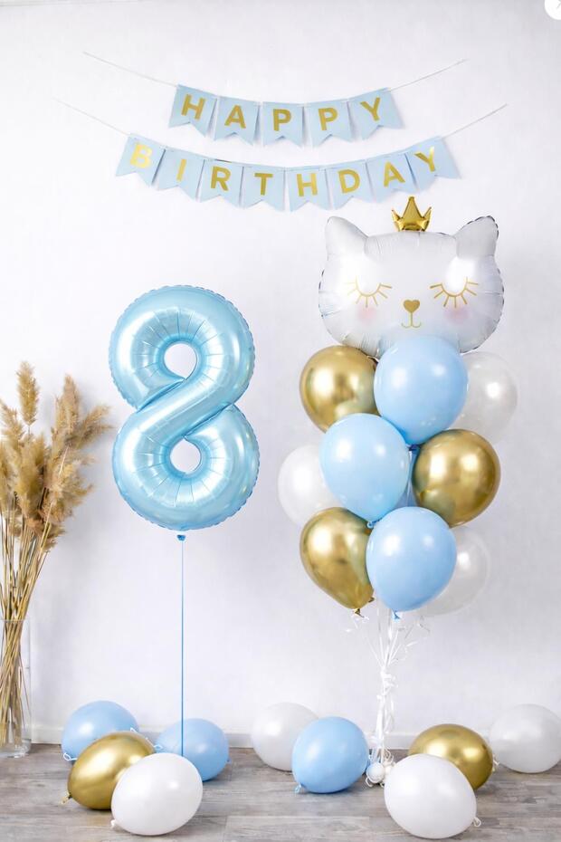 8 Year Old Cat Themed Birthday Balloon Set – Blue Gold Concept