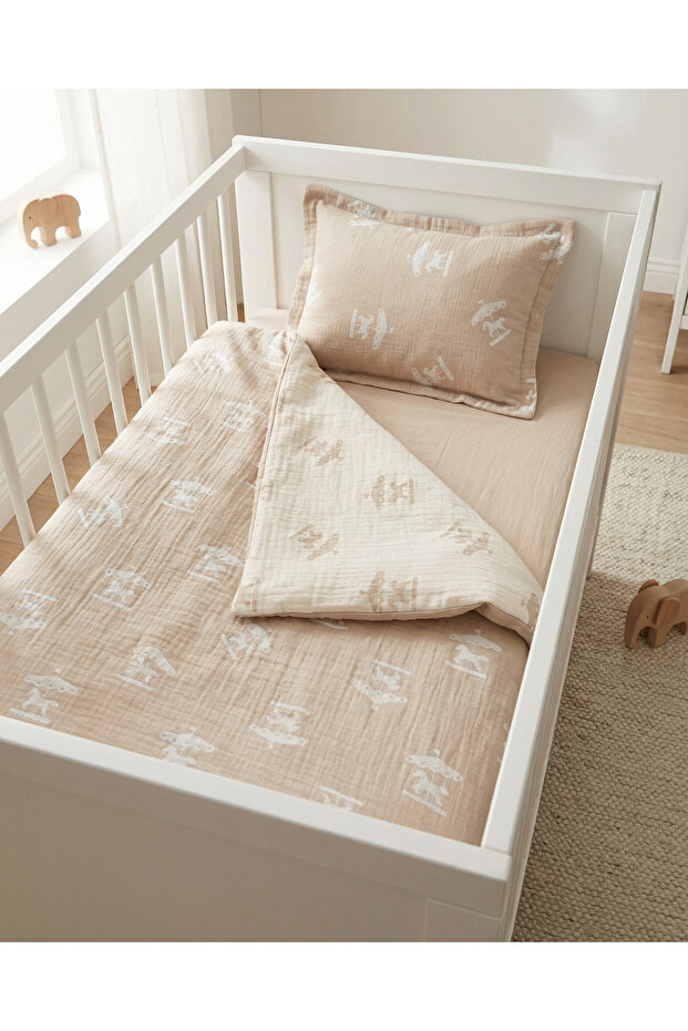 Pufuduk Baby %100 Pamuk Müslin Bebek Nevresim Takımı 3'lü Set Atlıkarınca Desenli