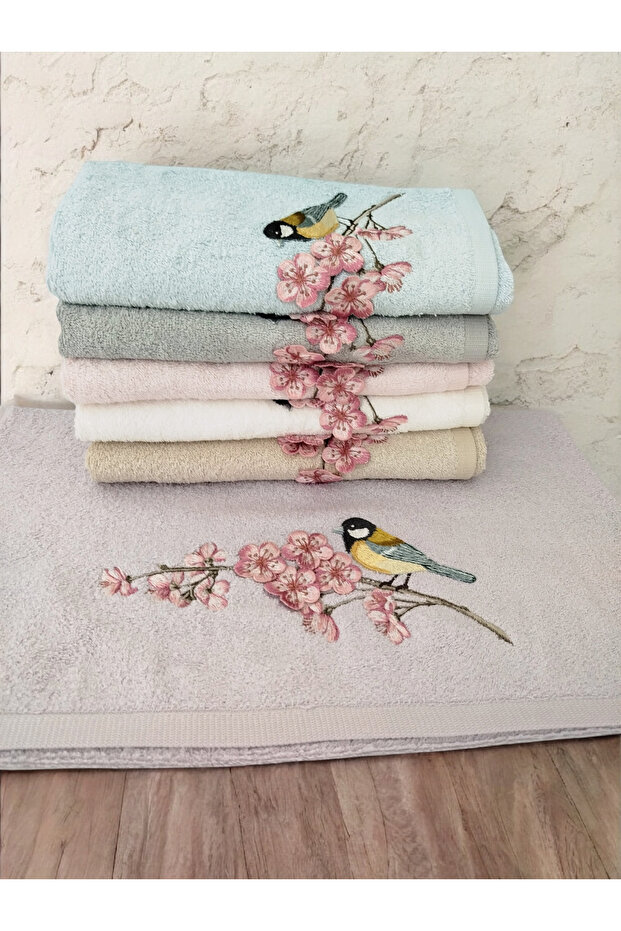 Bamboo Sakura Bird 3D Embroidered 70% Bamboo 30% Cotton 6-Piece 50X90 cm Hand Towel