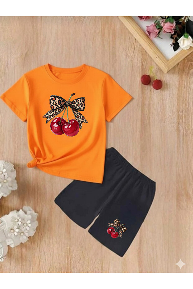 طقم صيفي للأطفال مطبوع بشريط الكرز