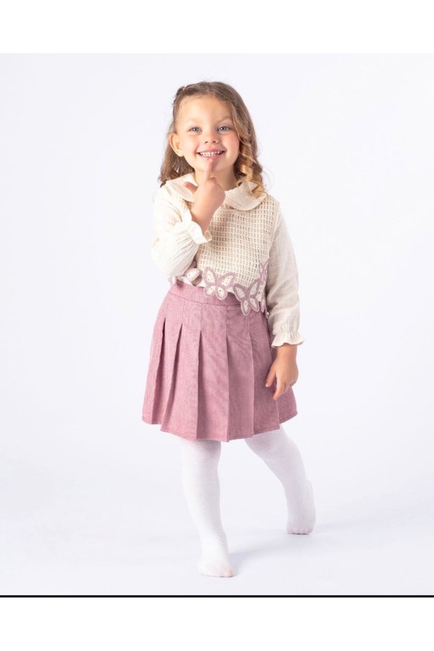Girl's Festive Butterfly Motif Special Occasion Skirt, Blouse and Sweater Set