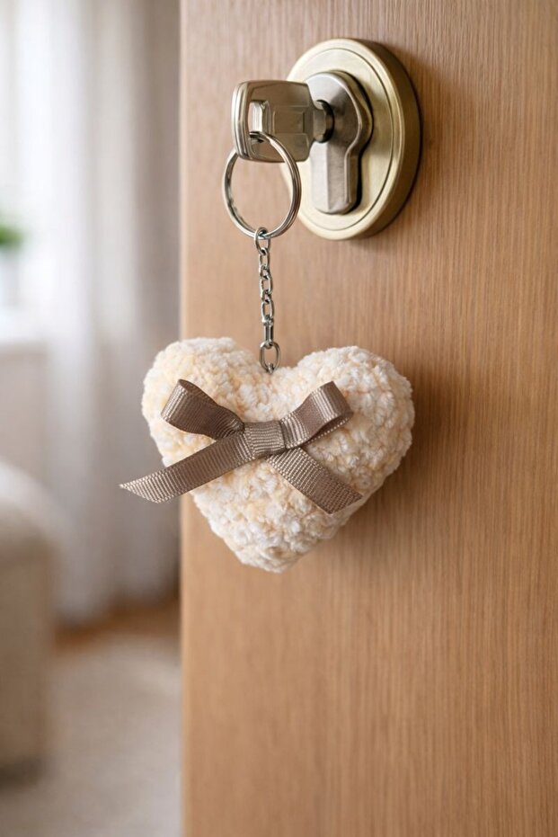 Handmade Knitted Beige Heart Keychain