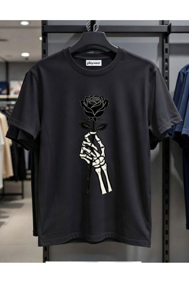 Play Wear Unisex Round Neck Printed T-Shirt with Skeleton Black Rose Design