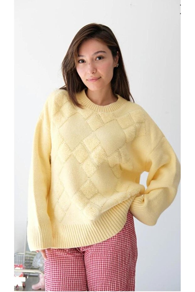 Crew Neck Baklava Pattern Plush Detailed Casual Thick Knitwear Sweater Soft Textured