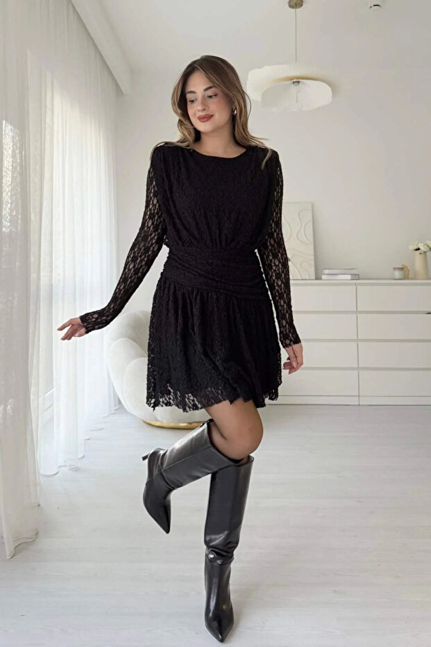 Dantelli Drapeli Astarlı Mini Elbise - 1