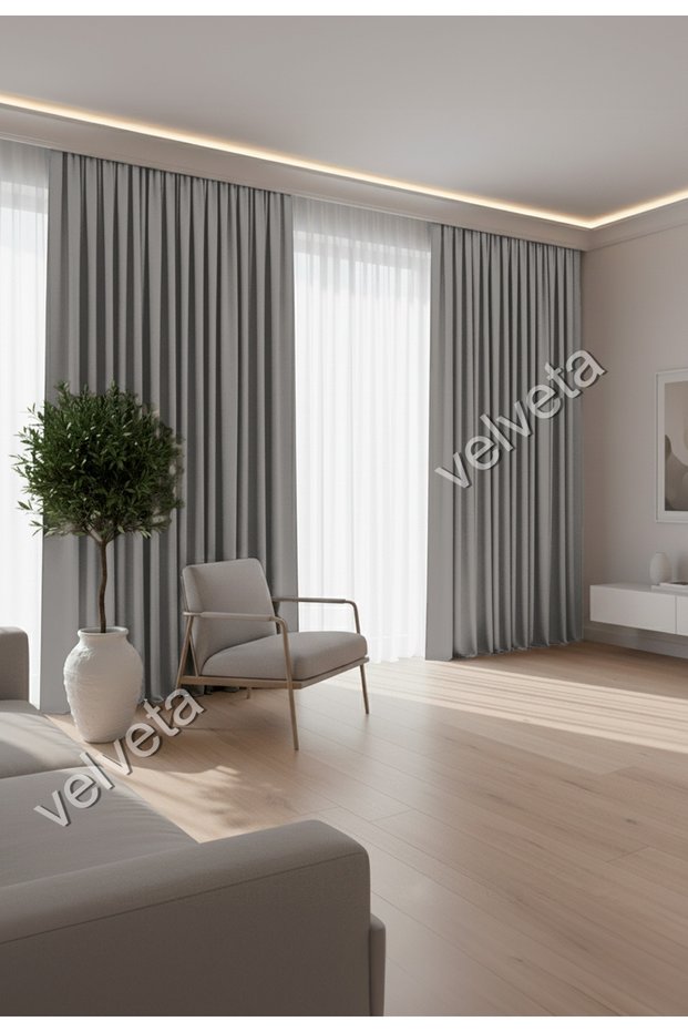 Modern Series Plain Pleated Velvet Textured Background Curtain Stone Color