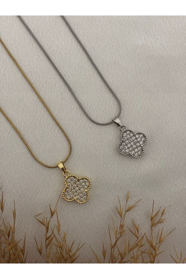 Taşlı Yonca Model Çelik Kolye - 1