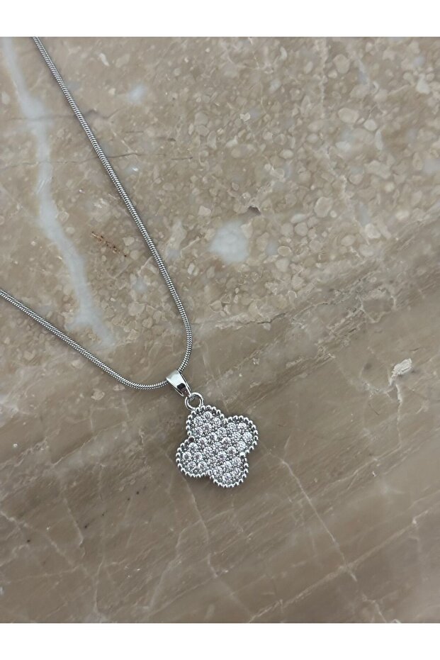 Taşlı Yonca Model Çelik Kolye - 2