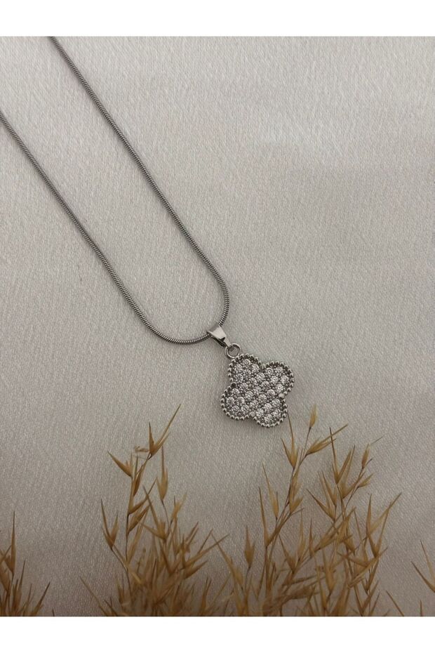 Taşlı Yonca Model Çelik Kolye - 3