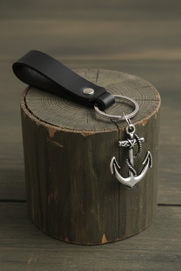 Premium Anchor Design Real Leather Keychain Black Genuine Leather Keychain