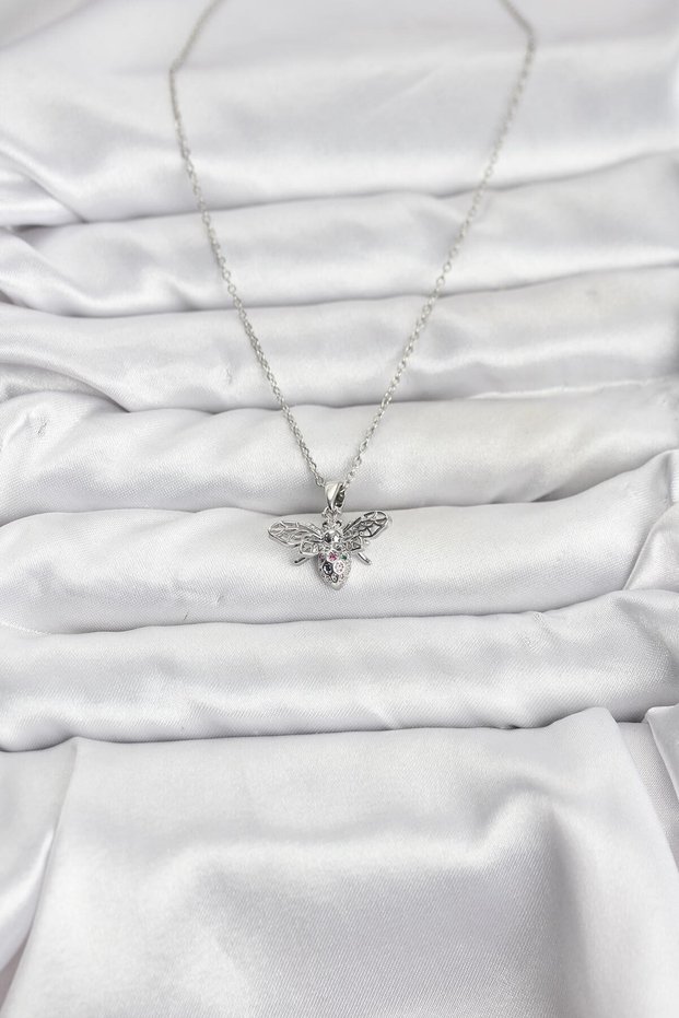 Silver Steel Chain Zircon Fly Women's Necklace for Elegant Necks
