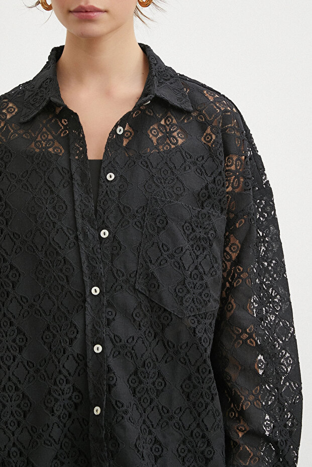 Cepli Dantel Gömlek Siyah - 5