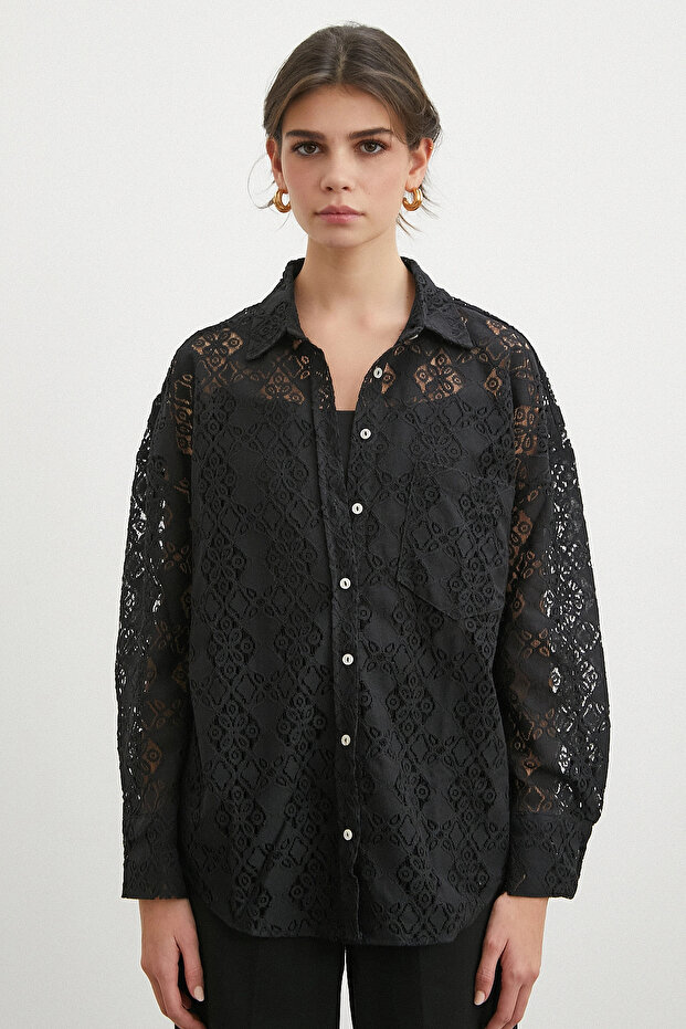 Cepli Dantel Gömlek Siyah - 4