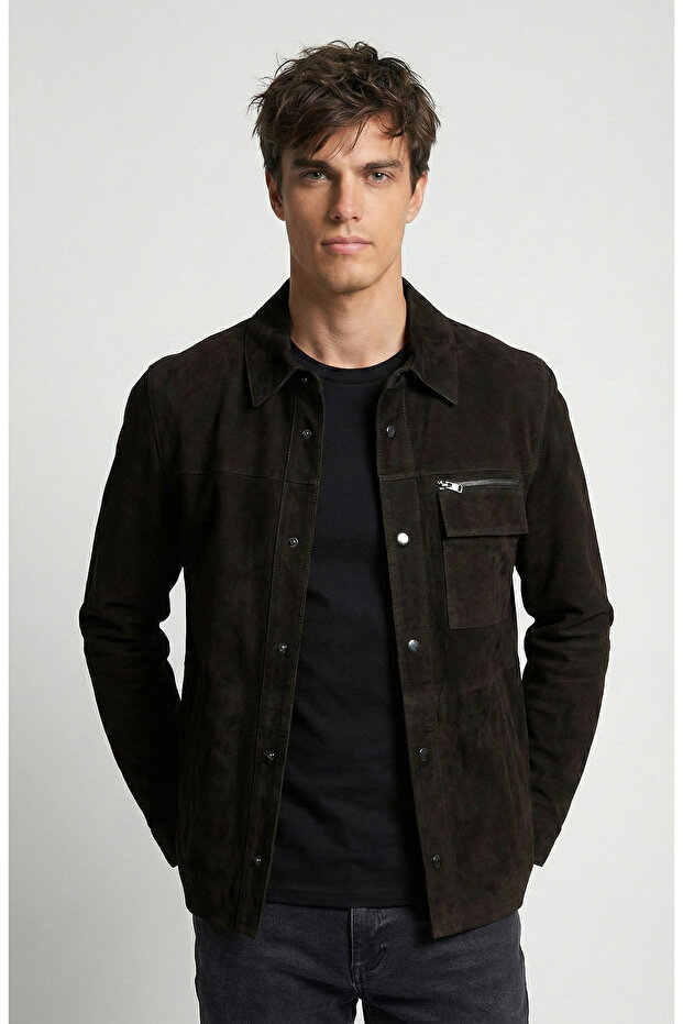 Siyah Çıtçıtlı Süet Deri Mont - 1