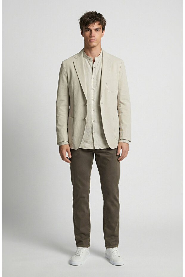 Bej Mono Yaka Diyagonal Örme Ceket - 2