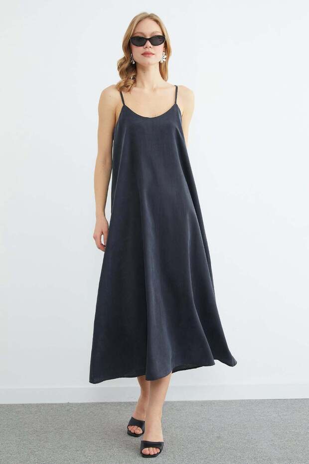 Basic İp Askılı Maxi Boy Elbise - 1