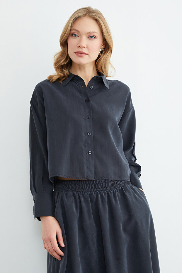 Basic Düğmeli Salaş Crop Gömlek - 2