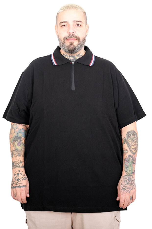 Mode XL Large Size Men's Zippered Polo Collar T-Shirt 25319 Black